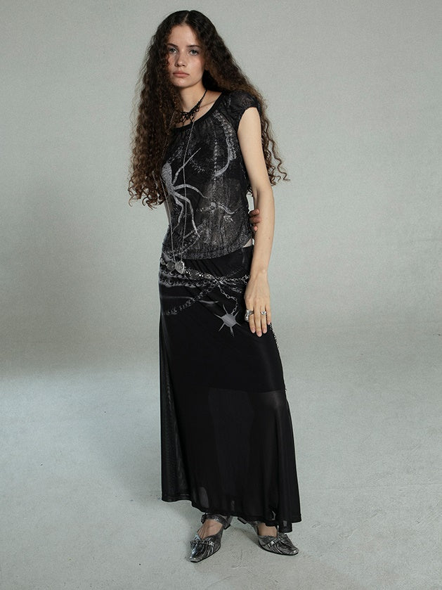 Spider Printing Short T-shirt & Low Waist Chain Printing Long Skirt