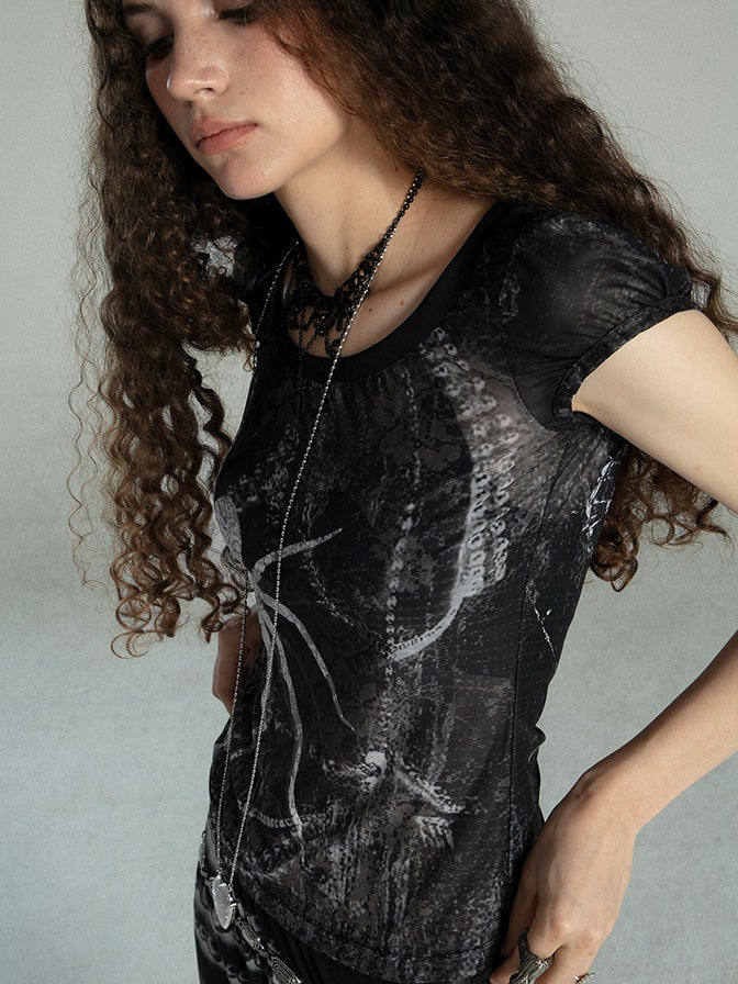 Spider Printing Short T-shirt & Low Waist Chain Printing Long Skirt