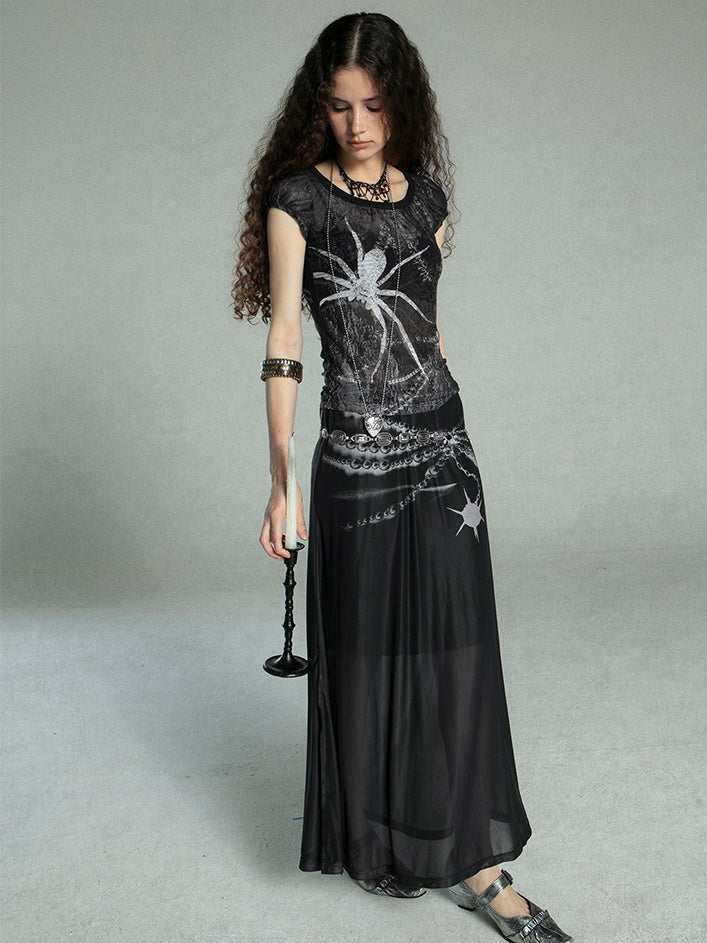 Spider Printing Short T-shirt & Low Waist Chain Printing Long Skirt
