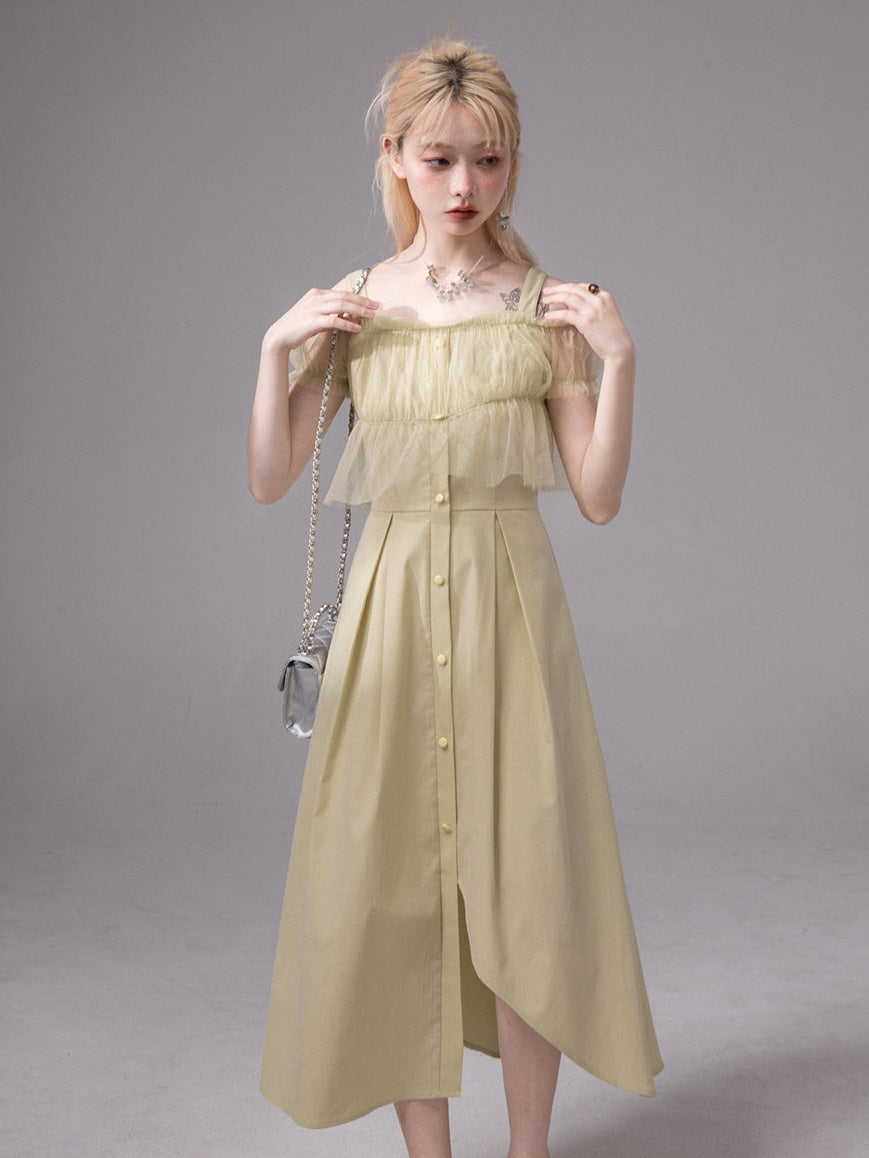 Mesh Sheer Top & Irregular Hem Sundress One-piece Set-up