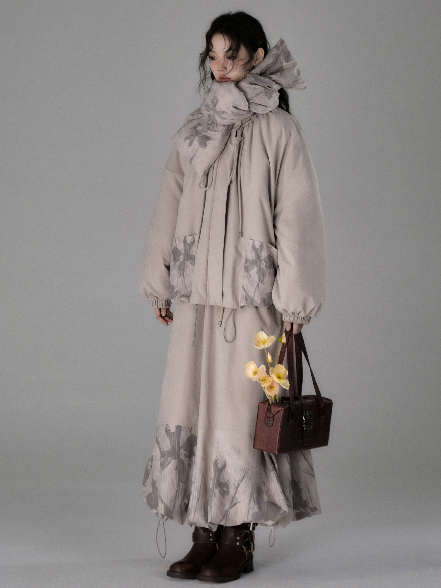 Floating Flower Shadow Printed Quilted A-line Bud Skirt