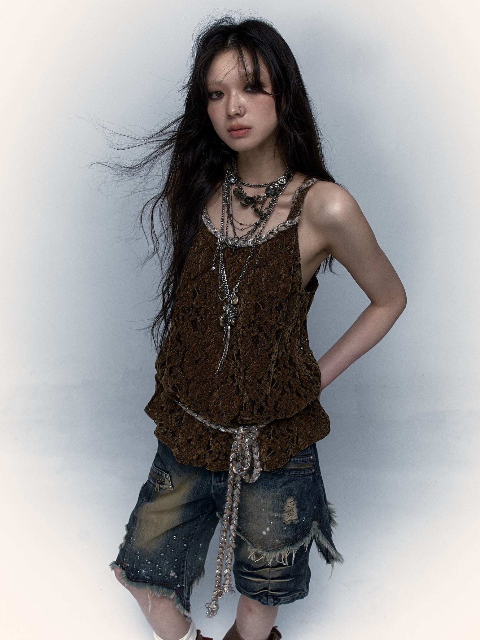 Hollow Loose Flocked Lace Camisole