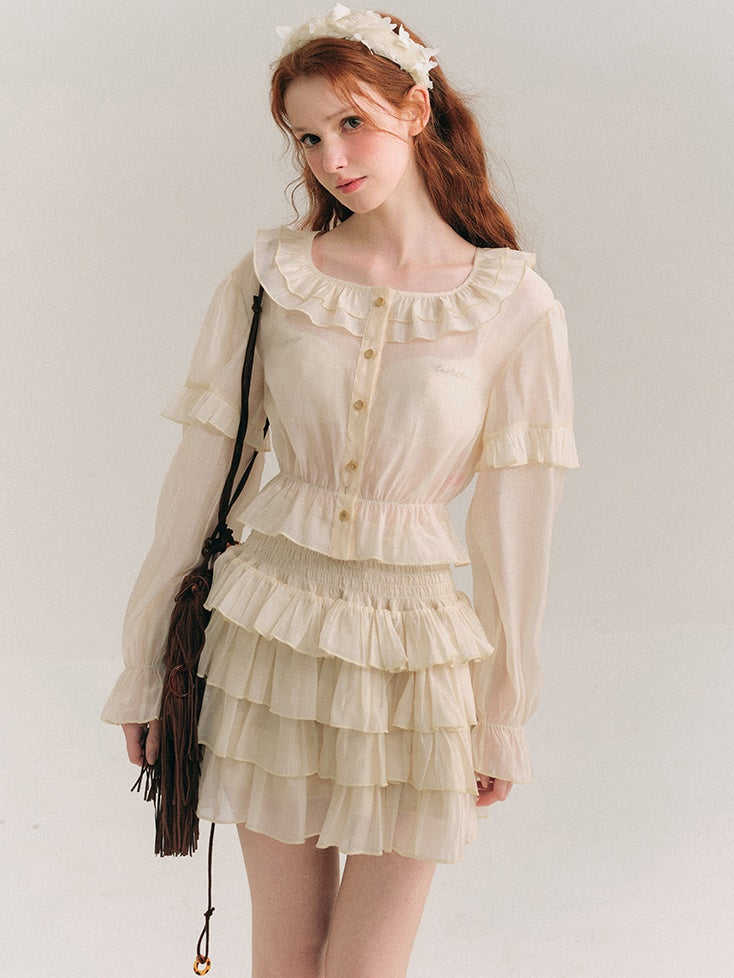 Shimmer Frill Collar Shirt & Fluffy Cake Skirt
