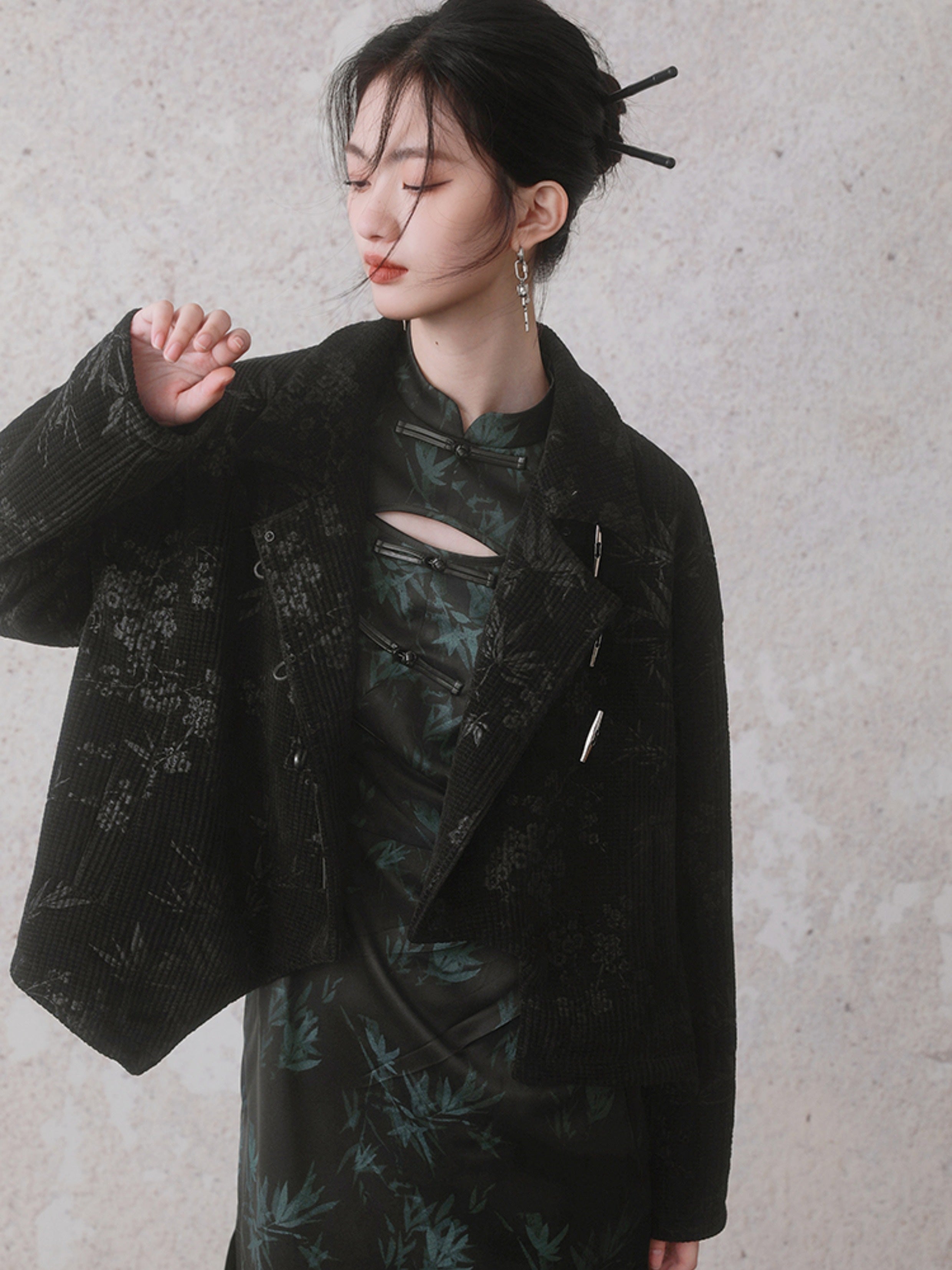 Bamboo Leaf Print Cheongsam Long Sleeve Dress