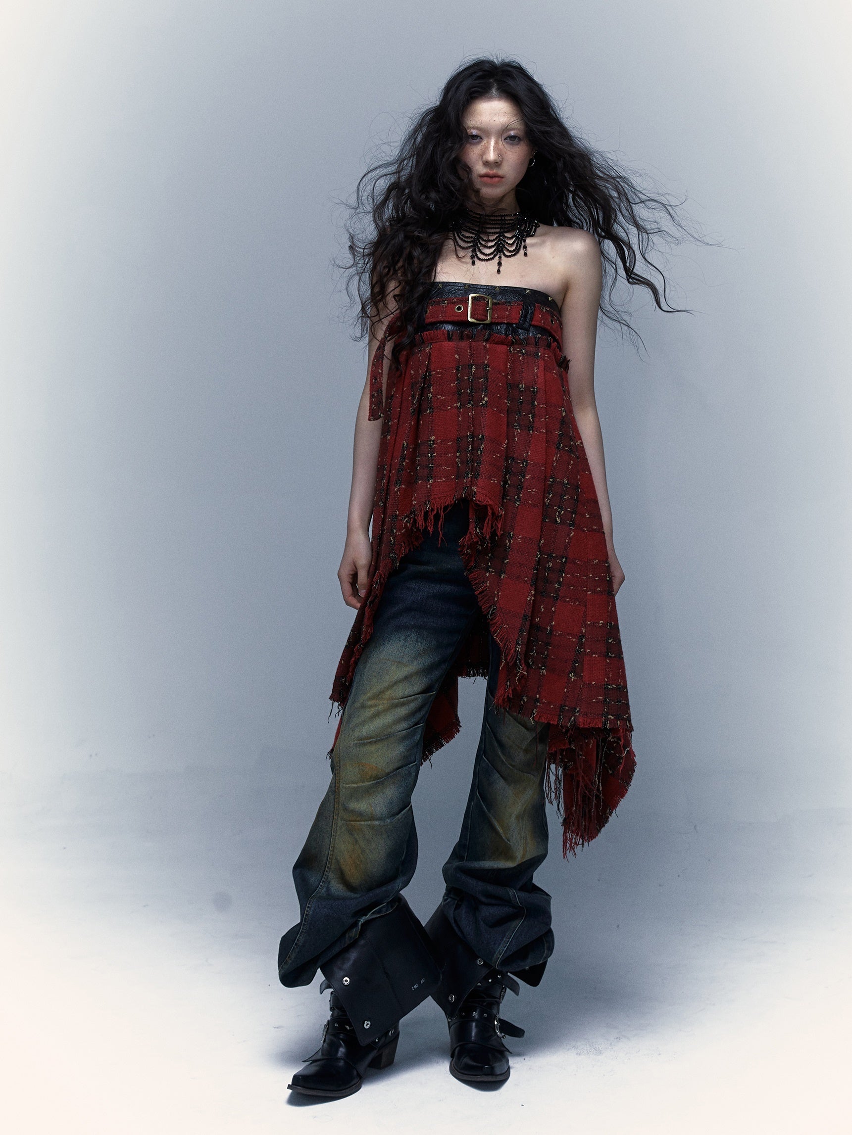 Punk Plaid Stitching Irregular Skirt
