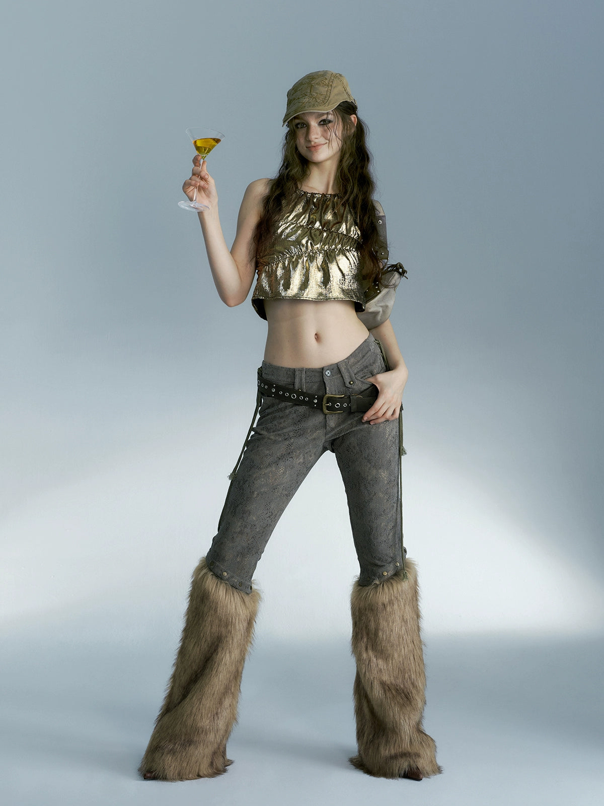 Removable Fur Splicing Snake Pattern Cropped Pants