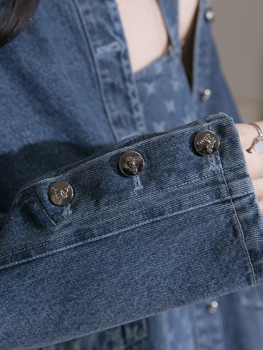 Raw Edge Jacquard Denim Jacket & Butterfly Suspender Skirt