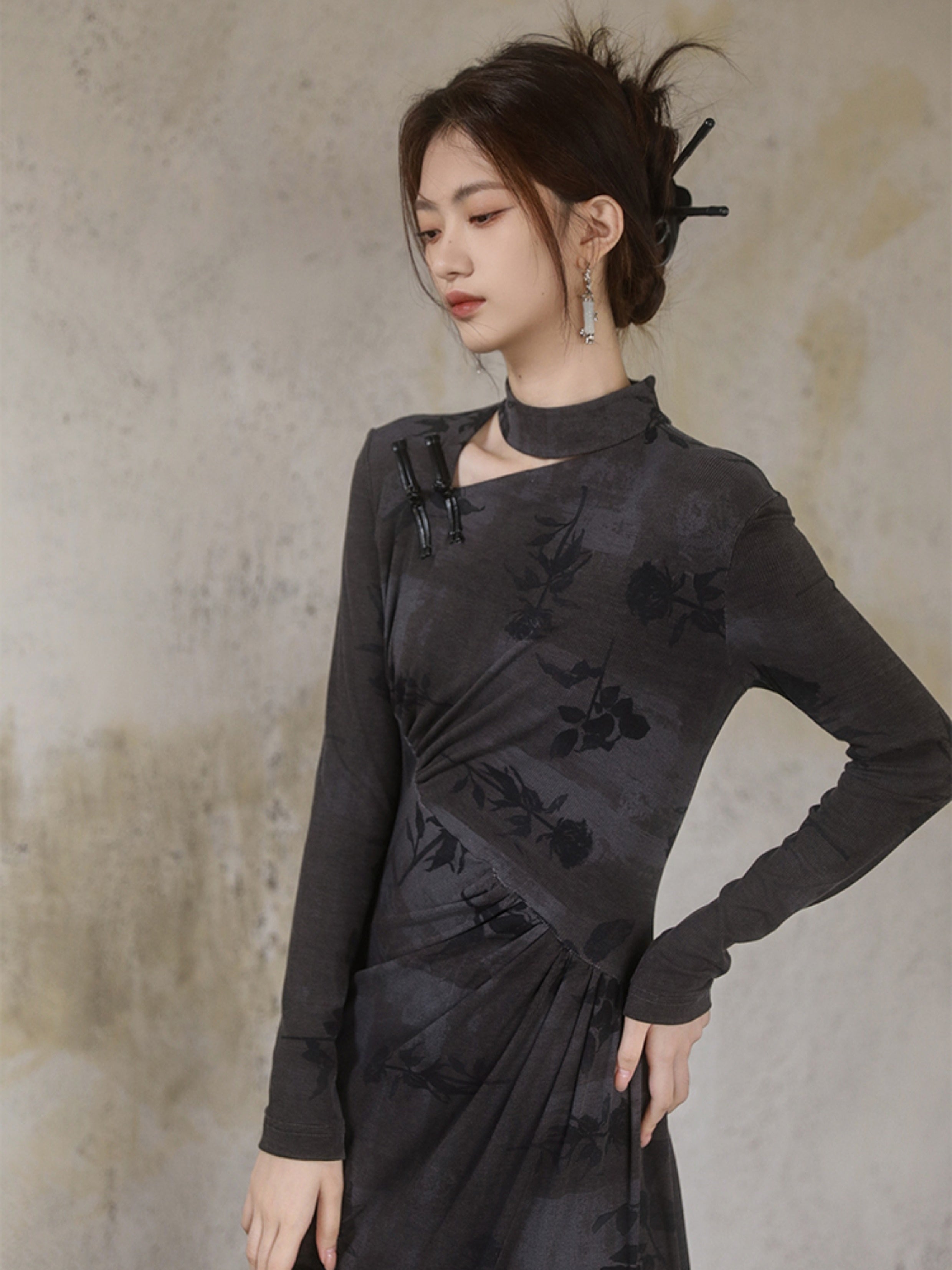 중국 스타일 인쇄 슬림 한 긴팔 드레스