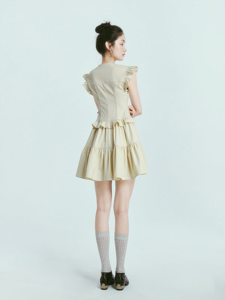 Square Neck Flying Sleeve Gather One-piece