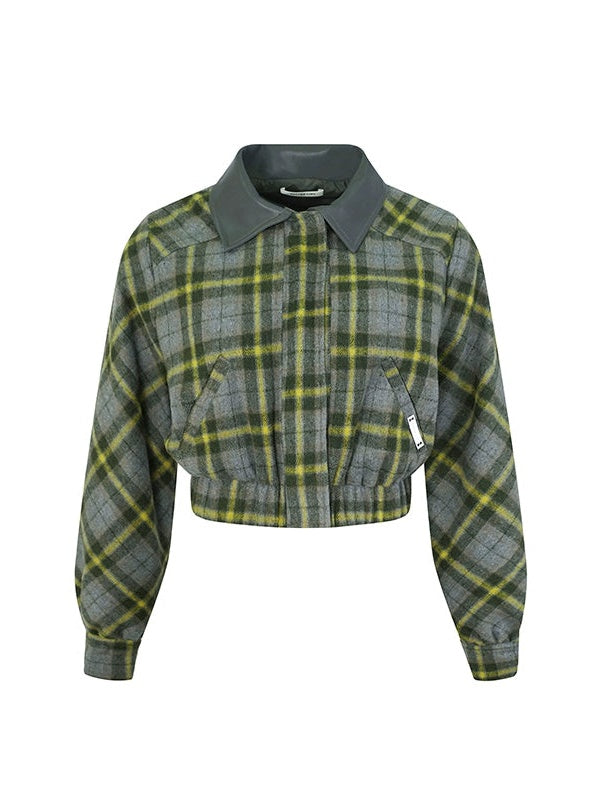 Plaid Short Navy Collar Jacket & Pleated Skirt