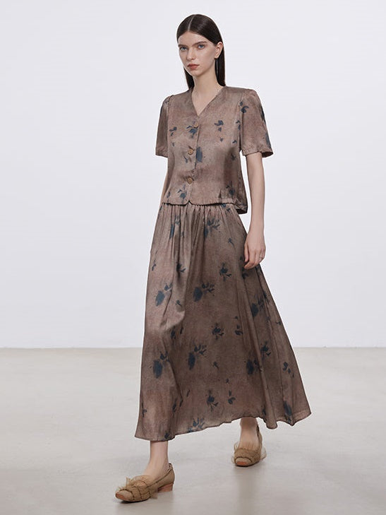 Print V-neck Short Sleeve Top & Long Skirt