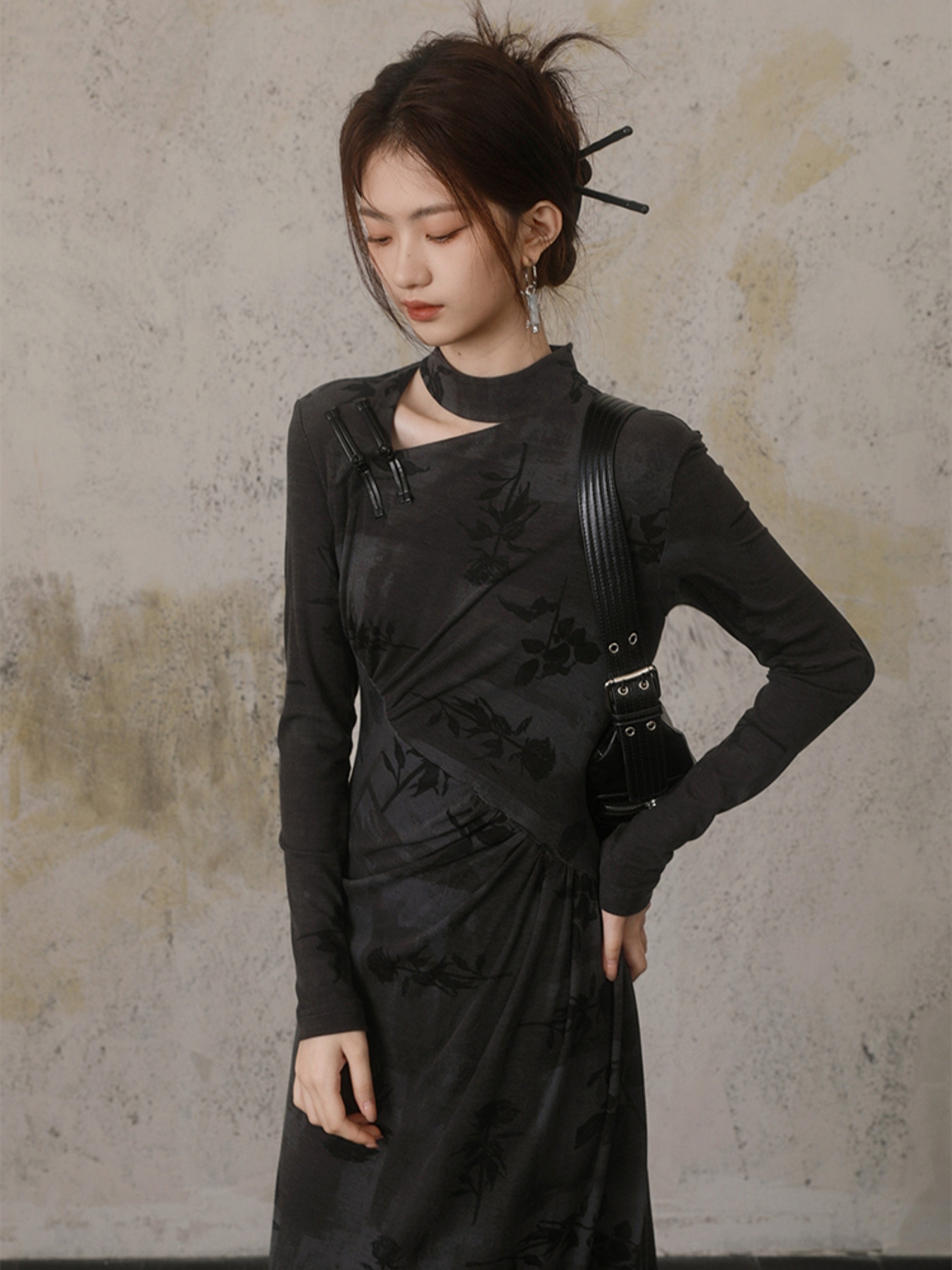 중국 스타일 인쇄 슬림 한 긴팔 드레스