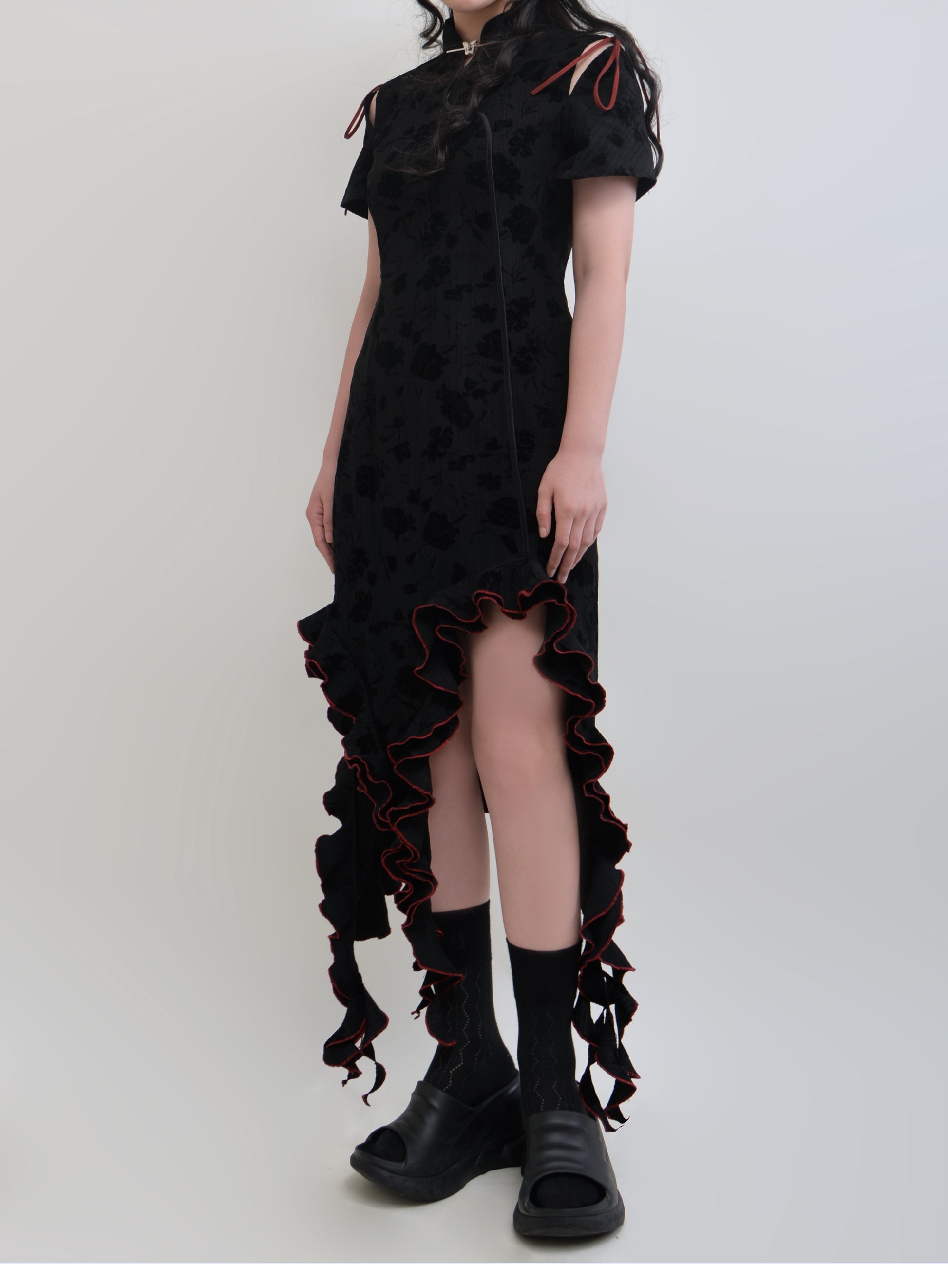 New Chinese Style Color Trim Irregular Frill Dress