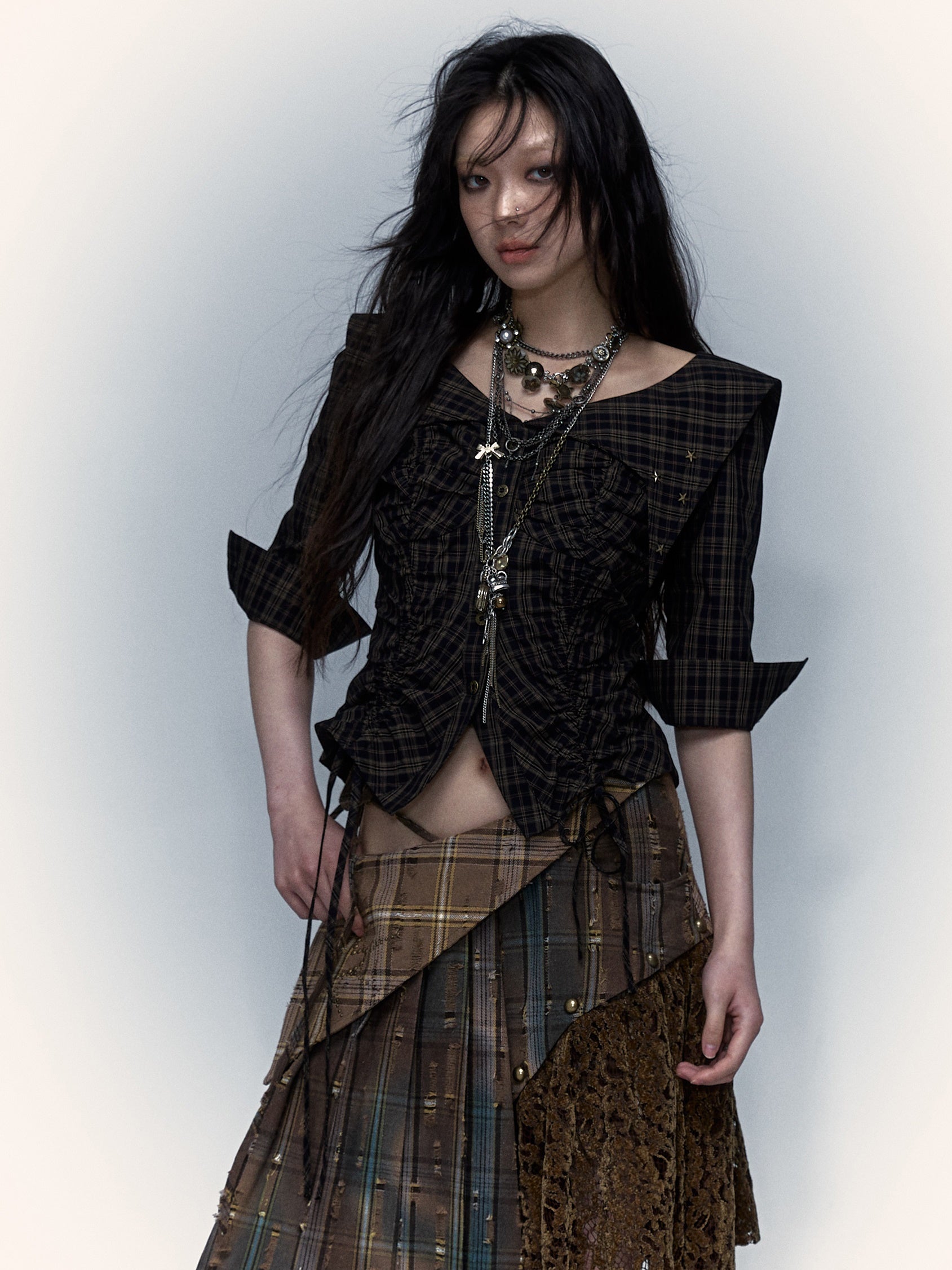 Palace Distressed Pleated Plaid Short Mid-sleeve Shirt