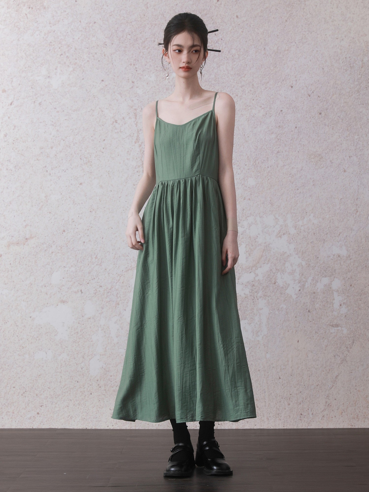 Chinese Style Bamboo Leaf Print Long Shirt & Camisole One-piece Set-up