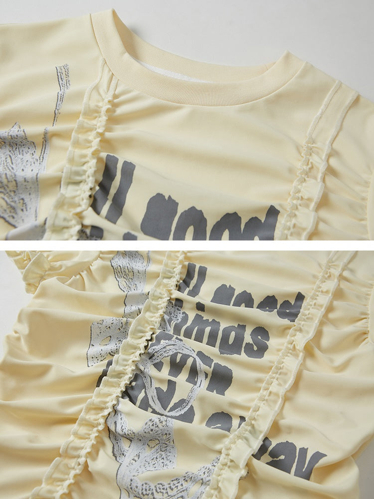 Lace Print Fungus Wrinkled Slim Short-sleeved T-shirt