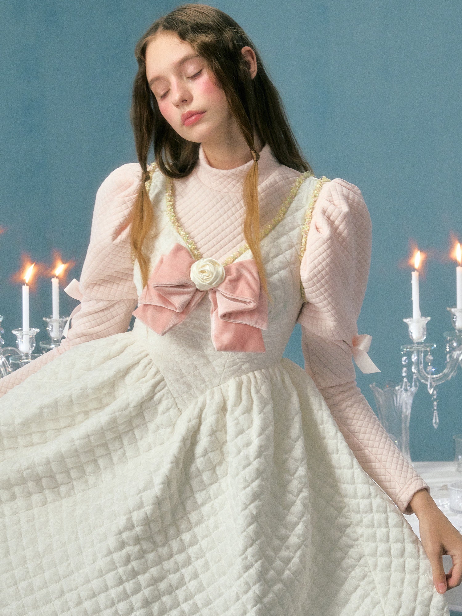 Lace Bow Flower Decoration Padded Suspender Dress & Puff Sleeve Top