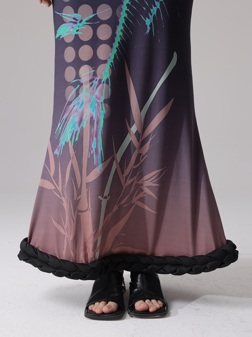 Fishbone Print Stitching Braid Profile Hem Top & Fishtail Skirt