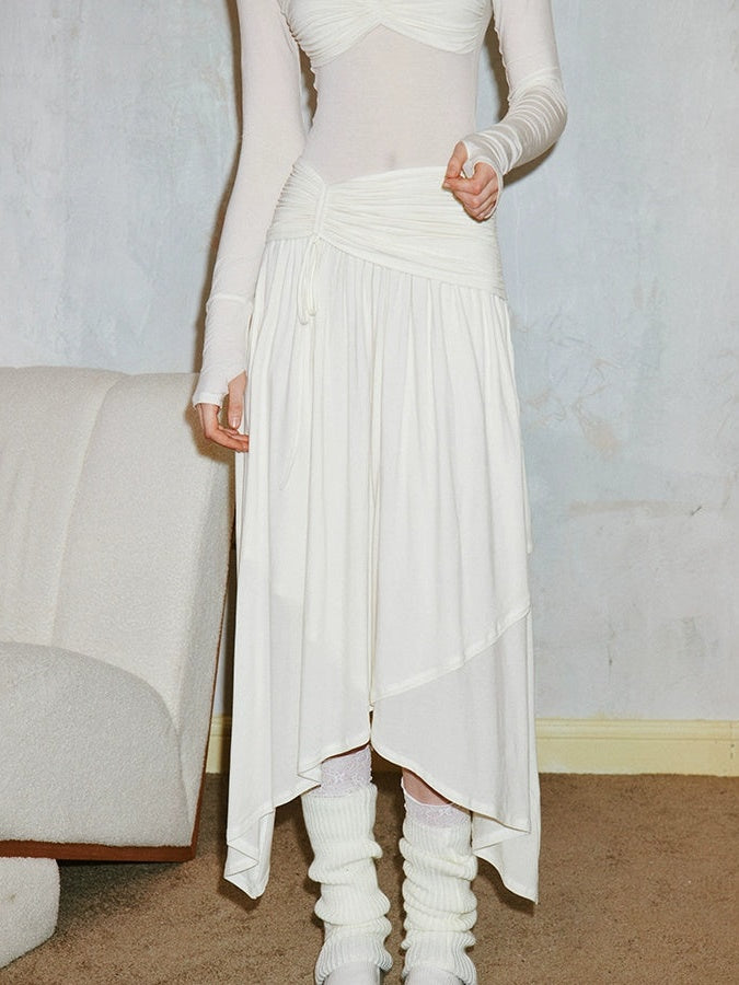Classic Pleated Stitch Long-sleeved Sheer Dress
