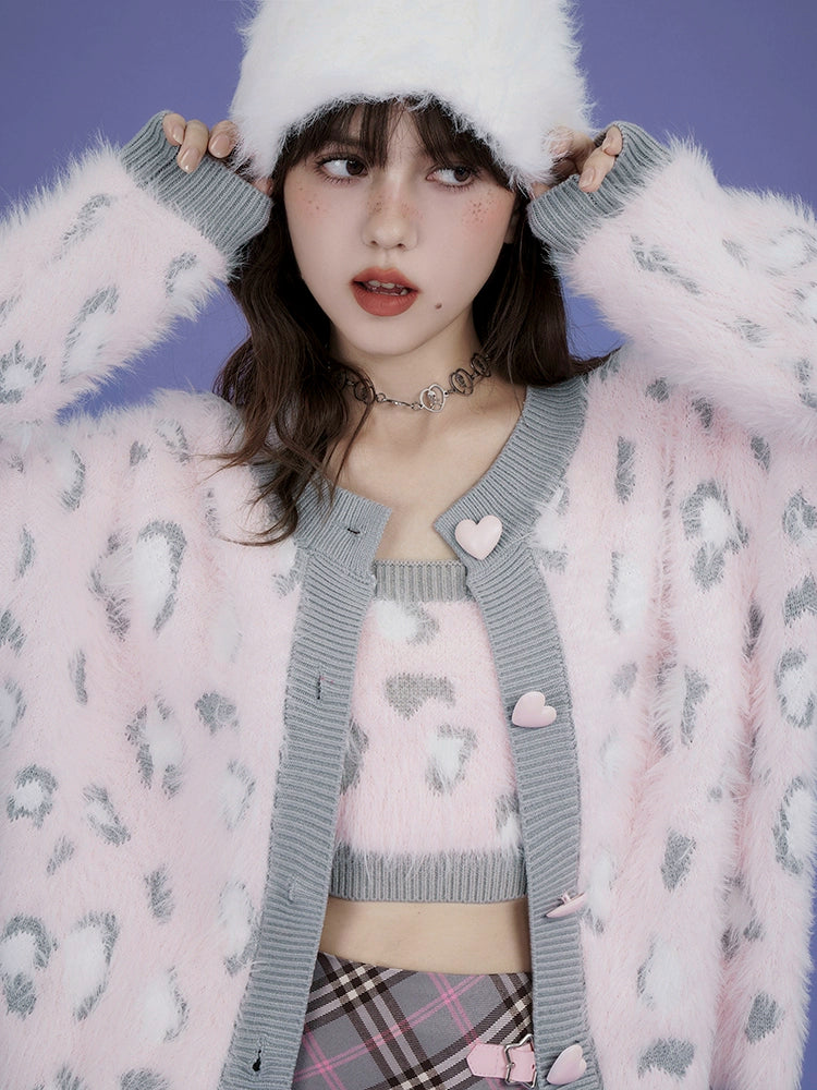 Leopard Knitted Camisole & Cardigan