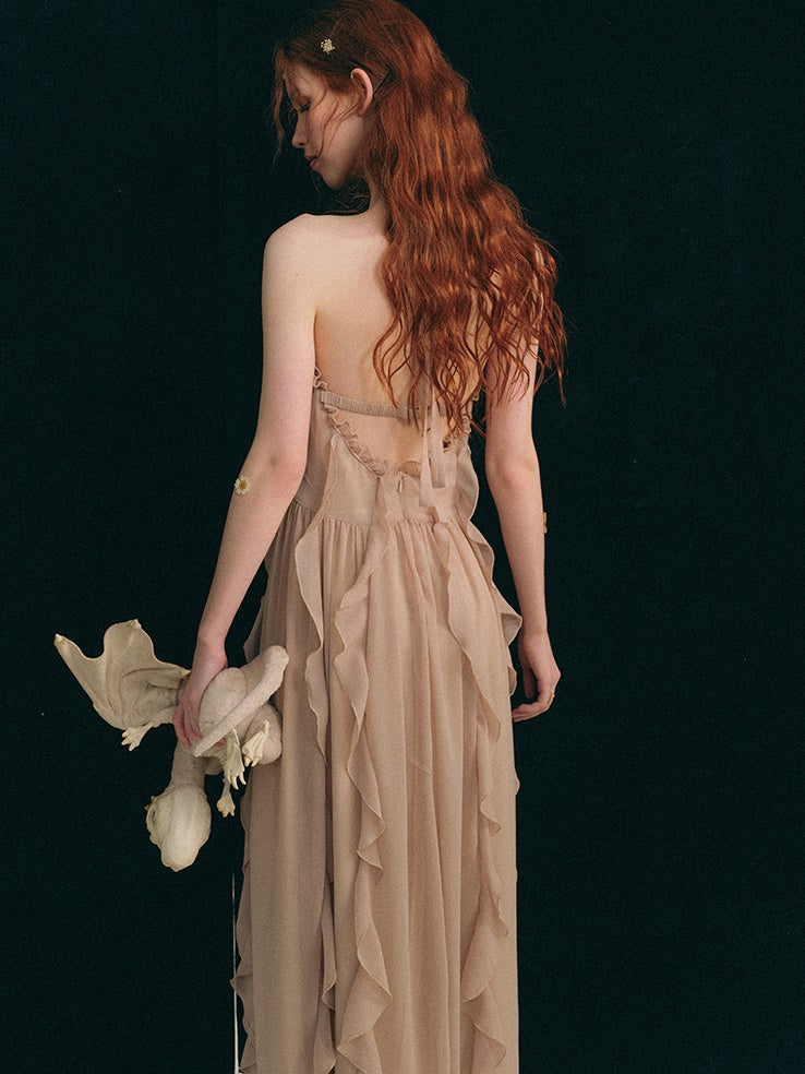 Halterneck Backless Design Frill Long Dress