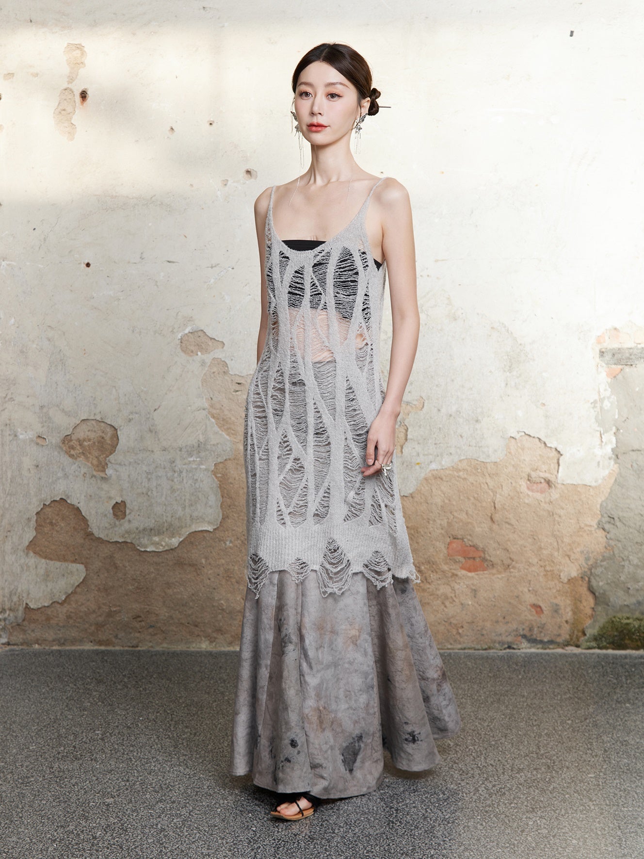 식물 염색 인어 긴 치마 및 중공 니트 긴 카미솔