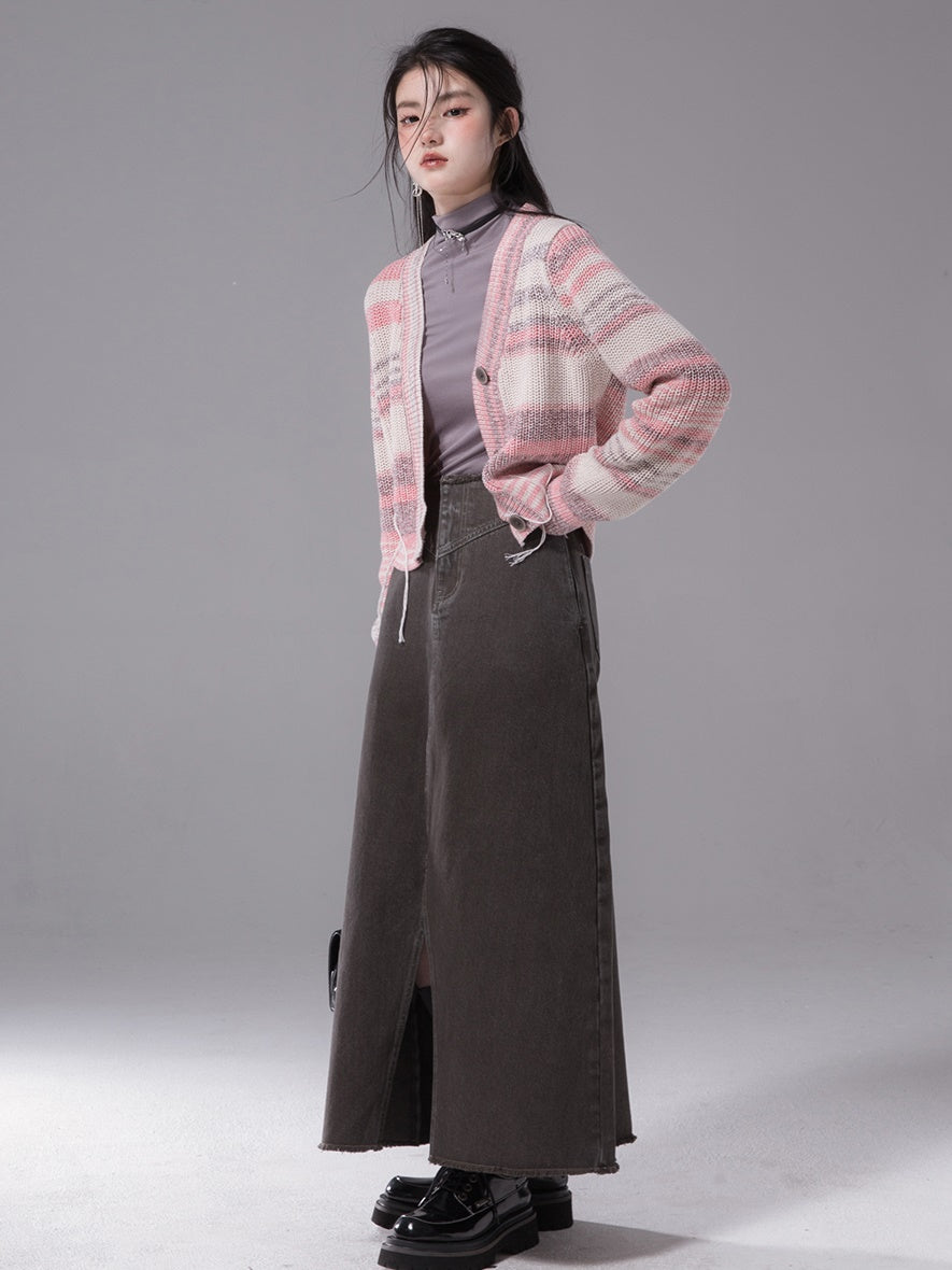 Raw Edge Denim Long Skirt