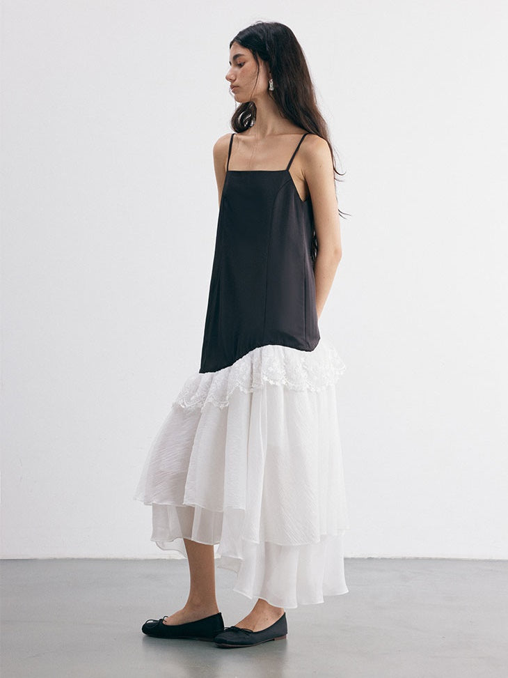 Curved Stitching Design Lace Trimmed Slip Dress