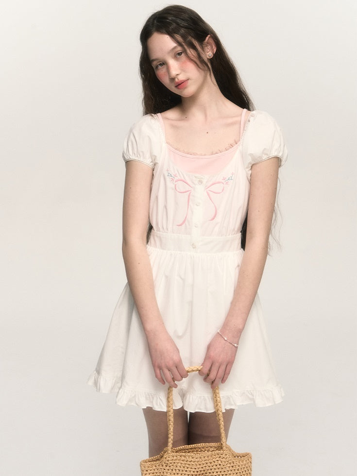 French Retro Bow Embroidery Puff Sleeve A-line One-piece