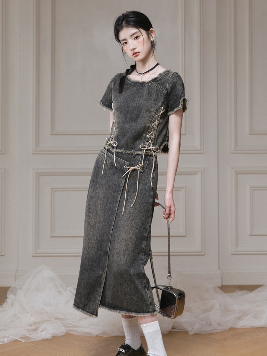 Distressed Washed Denim Lace-Up Top & Wrap Skirt Set-up