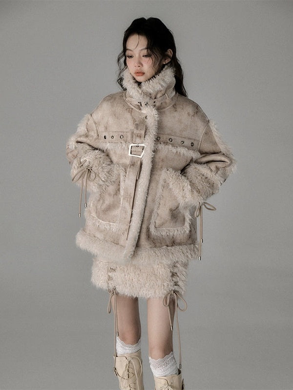 Fur Stitch Strap Loose Fluffy Jacket
