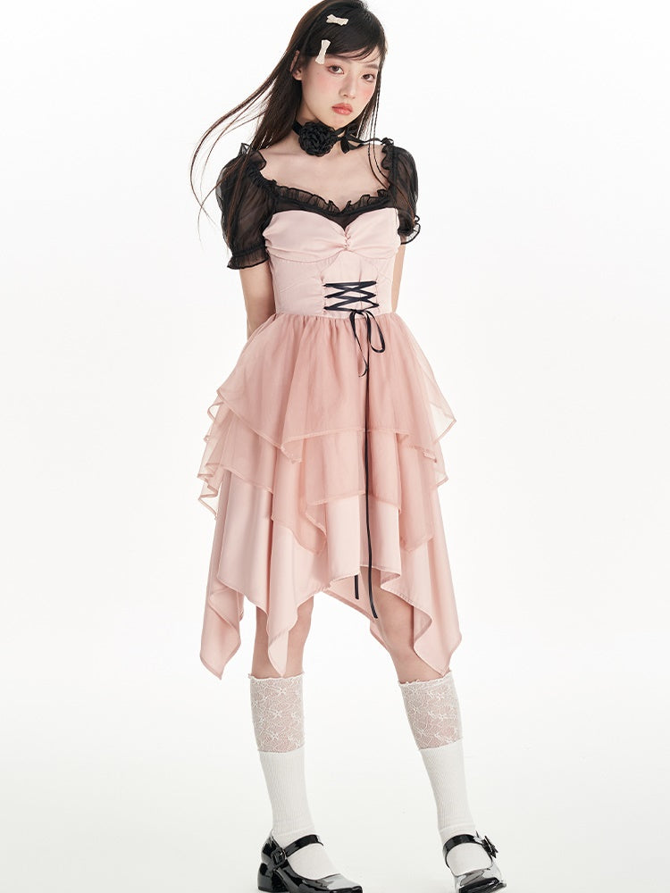 대비 색상 붕대 메쉬 공주 드레스