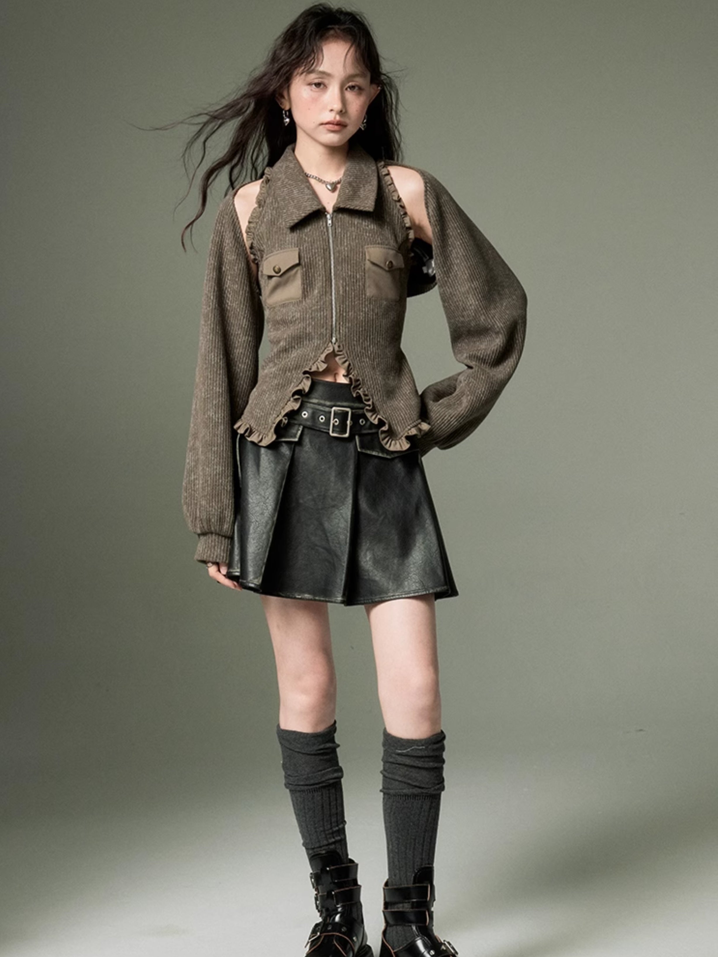 Polo Collar Knitted Sleeveless Top & Shawl Cardigan Set-up