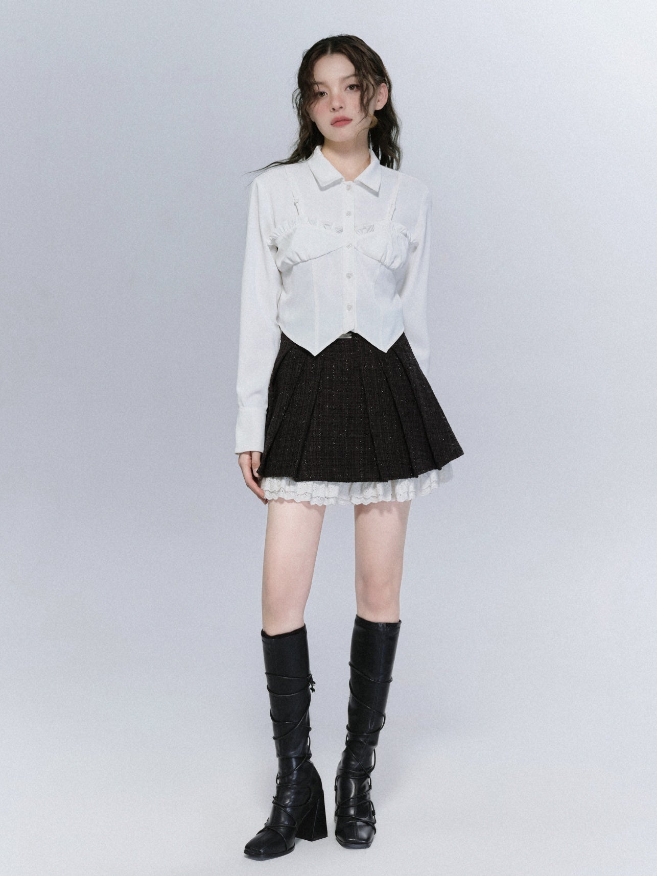 Tweed Stand-Collar Cropped Jacket & Lace Stitch Short Pleated Skirt