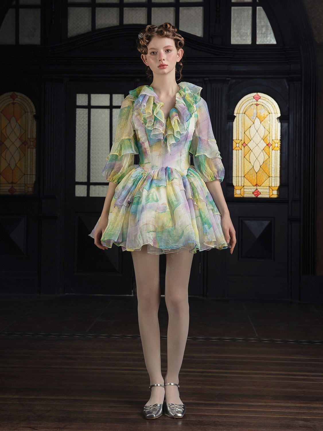 V-neck Frill Short Dress & Pannier