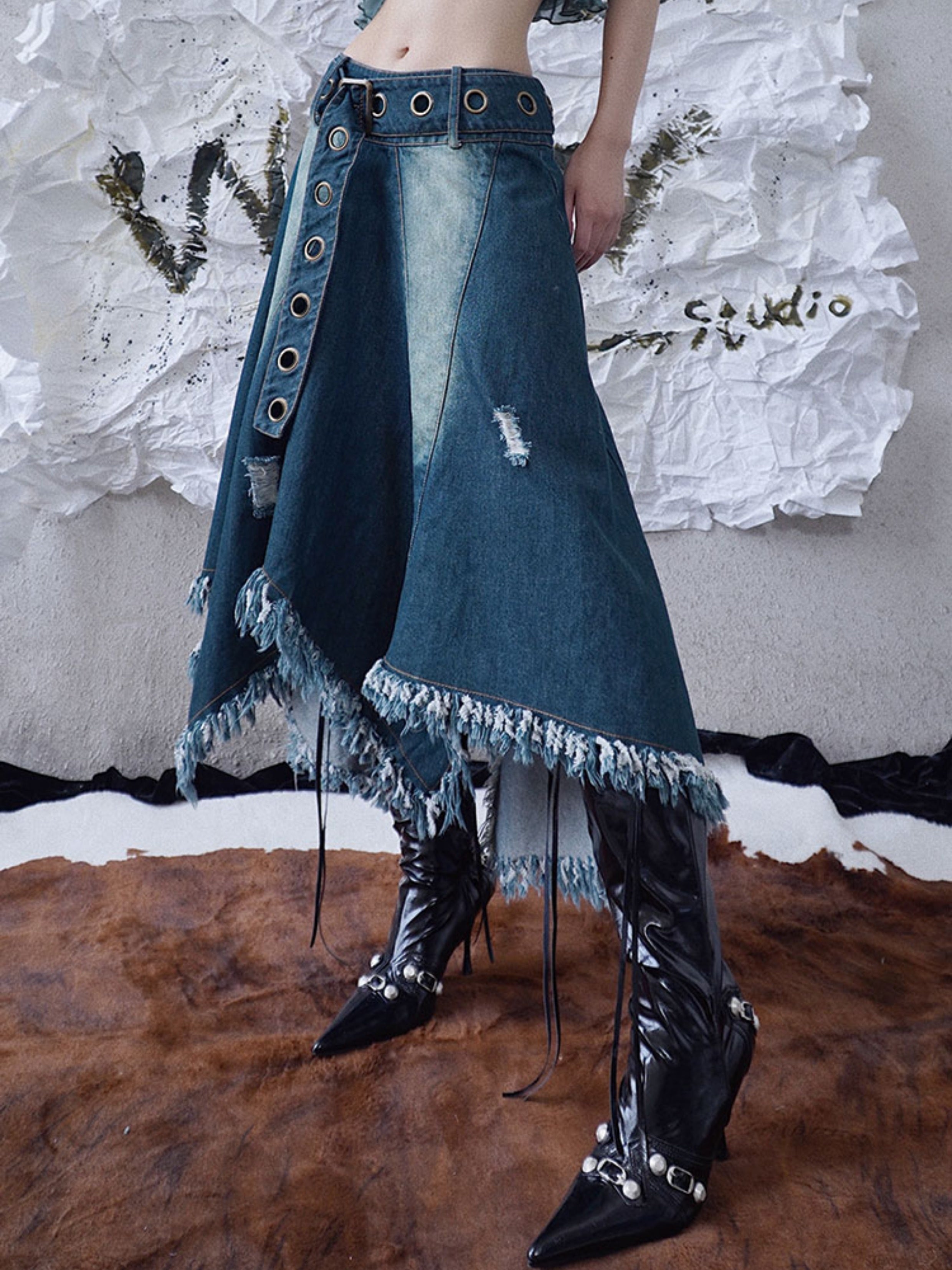 Fringed Irregular Hem Denim Circular Skirt