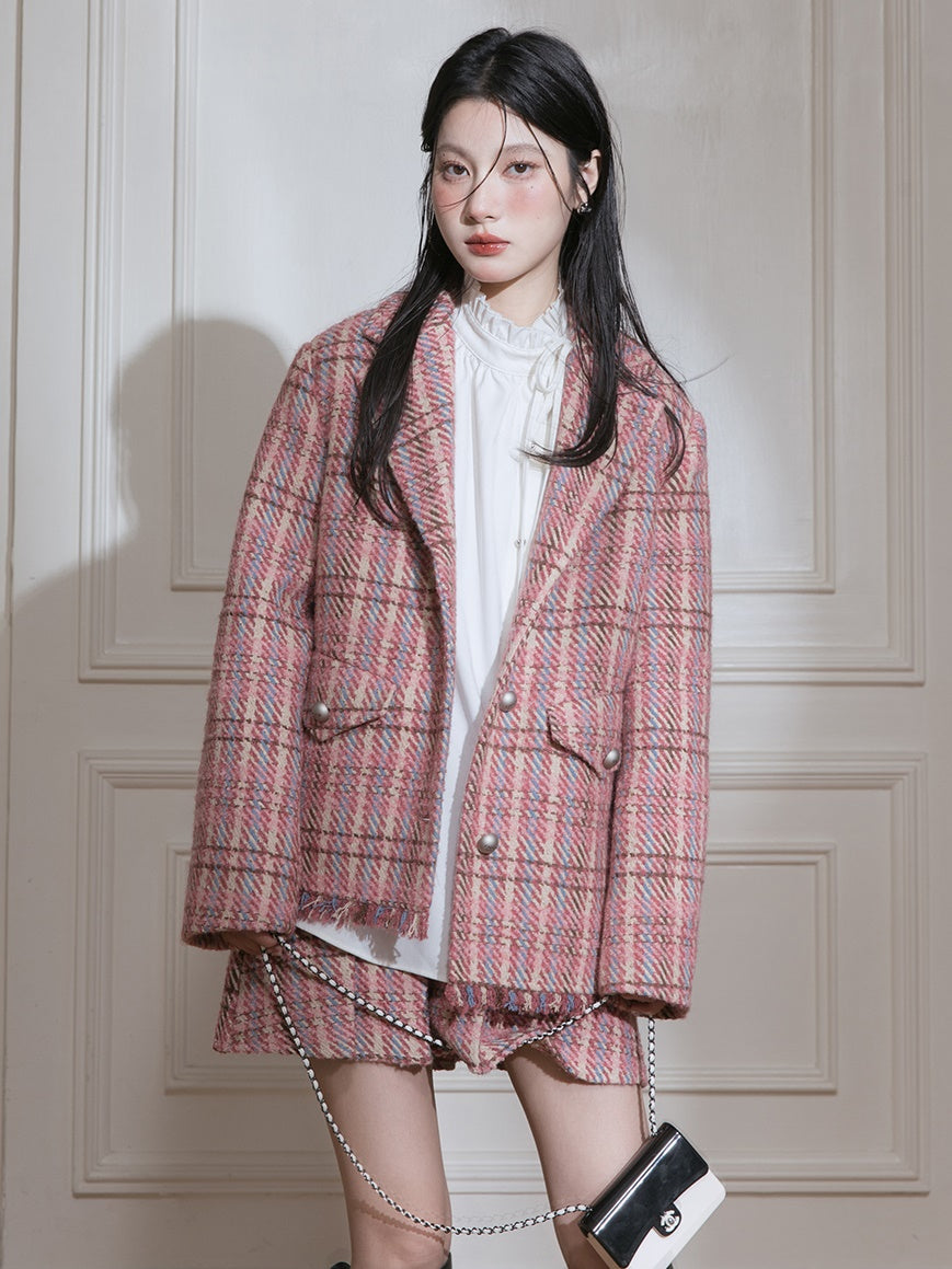 Plaid Tweed Asymmetry Design Jacket & Skirt