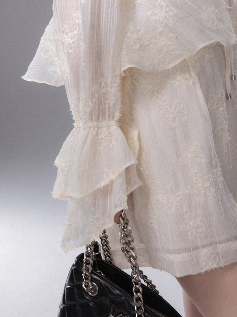 Blumengestickte Kordeltresshemd & Shorts Setup