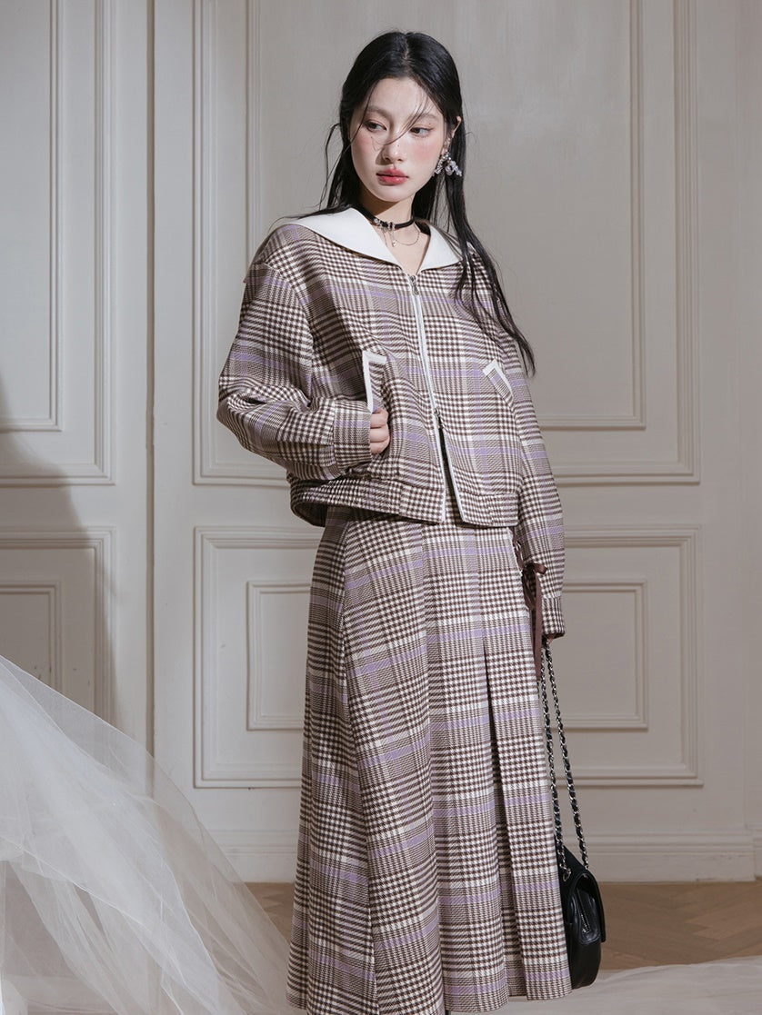 Navy Collar Plaid Short Jacket & A-Line Pleated Skirt
