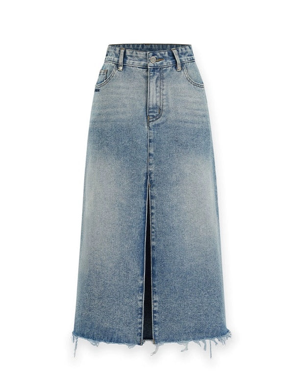 아코디언 밑단 생 가장자리 데님 스커트