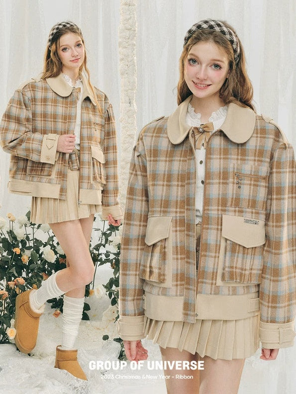 Plaid Round Collar Short Jacket & Mini Pleated Skirt