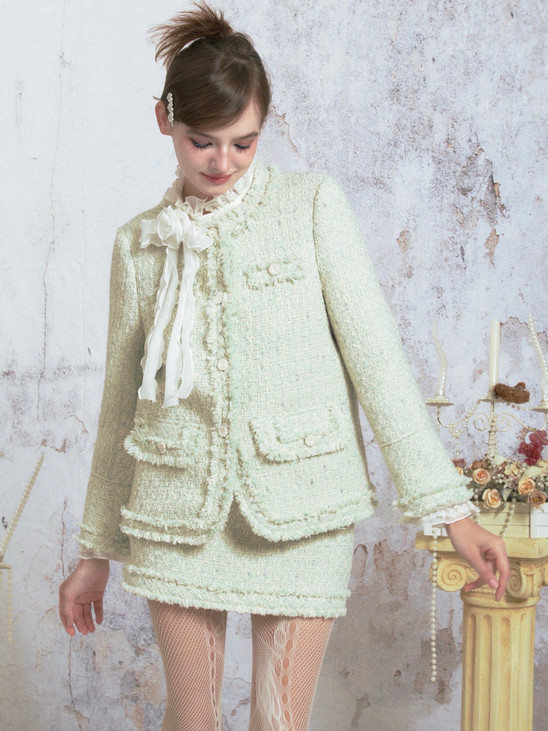 Tweed Raw Edge Camellia Jacket & Skirt