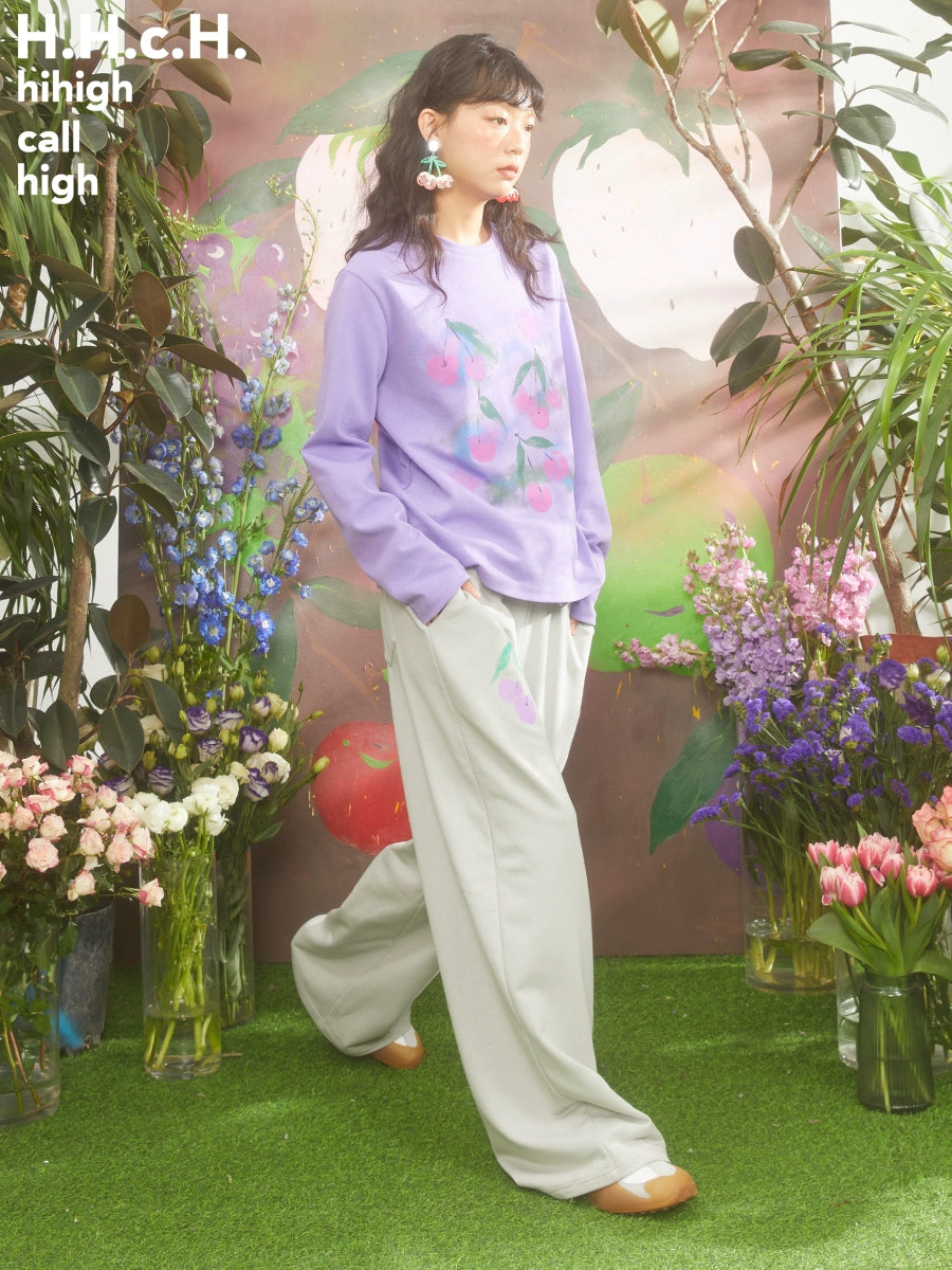Gradient Cherry Print Double Waist Design Casual Trousers