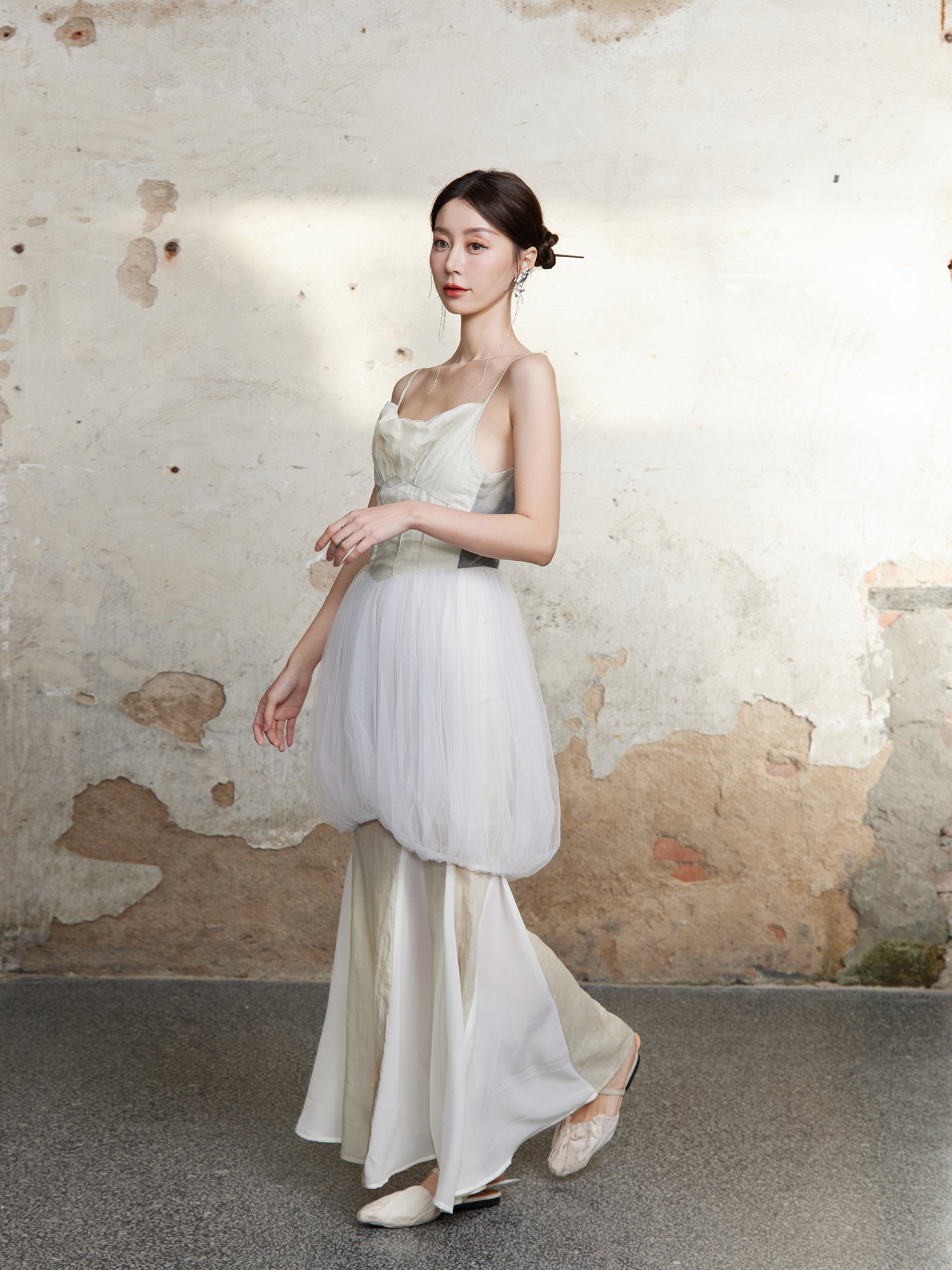 메쉬 꽃 새싹 미끄러짐 긴 드레스