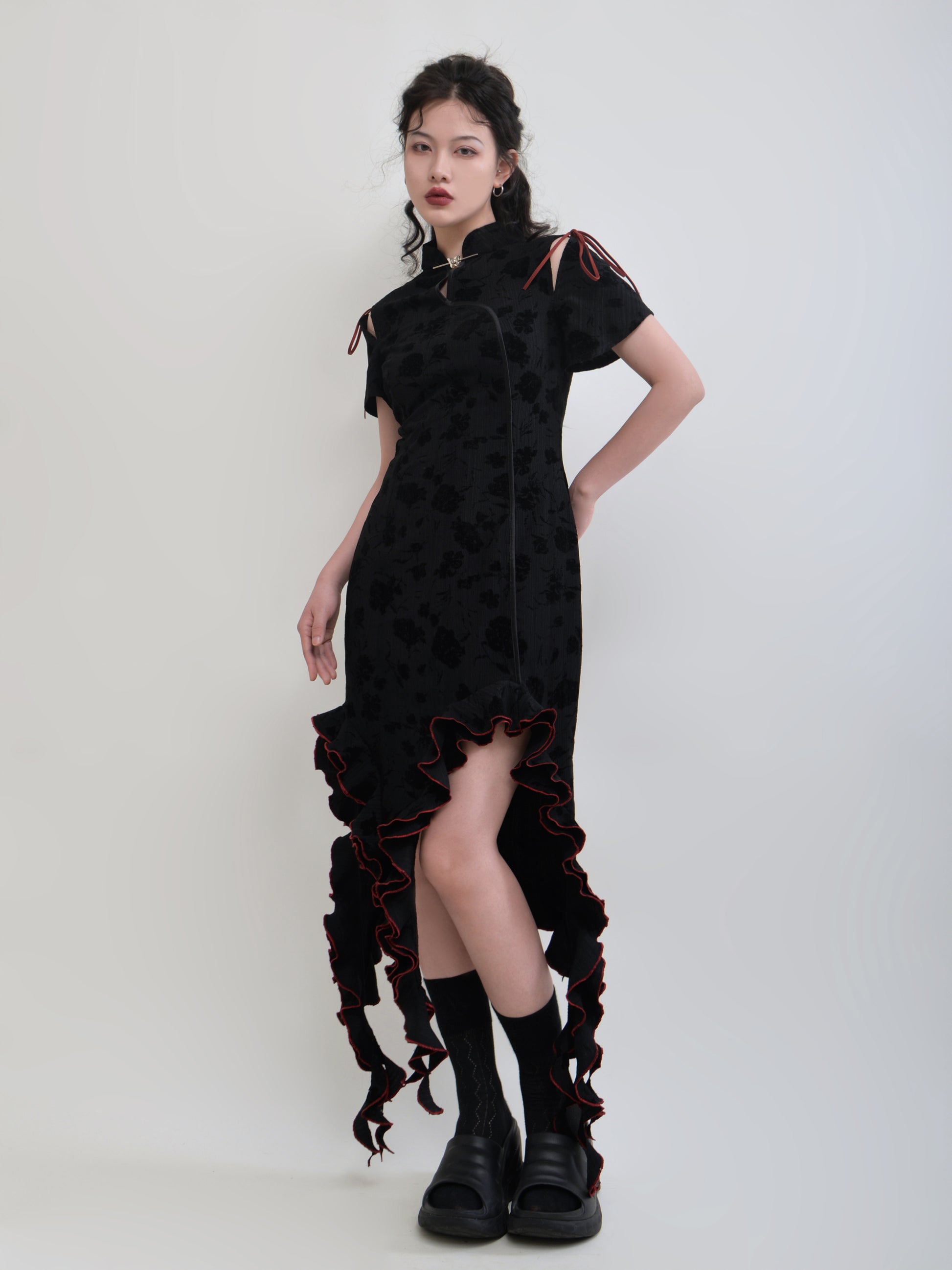 New Chinese Style Color Trim Irregular Frill Dress