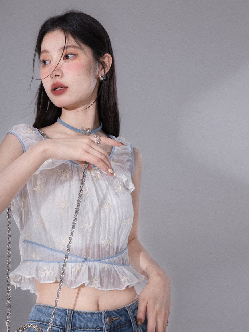 Embroidered Sleeveless Tulle Top & Tube Top