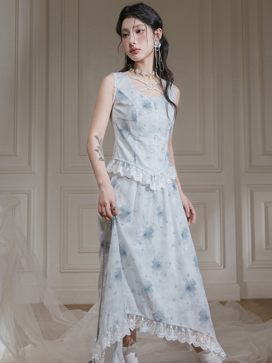 Rose Ink Printed Lace Sleeveless Top & Irregular Hem Skirt Set-up