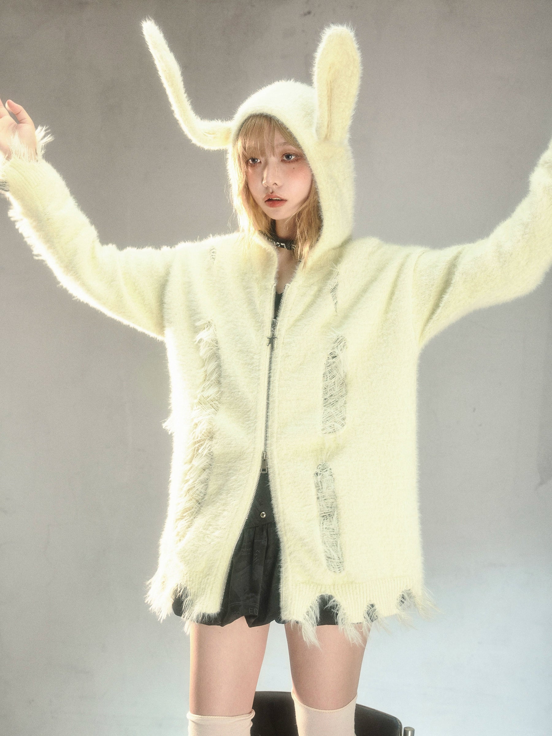 Bunny Ears Ripped Hooded Knitted Cardigan