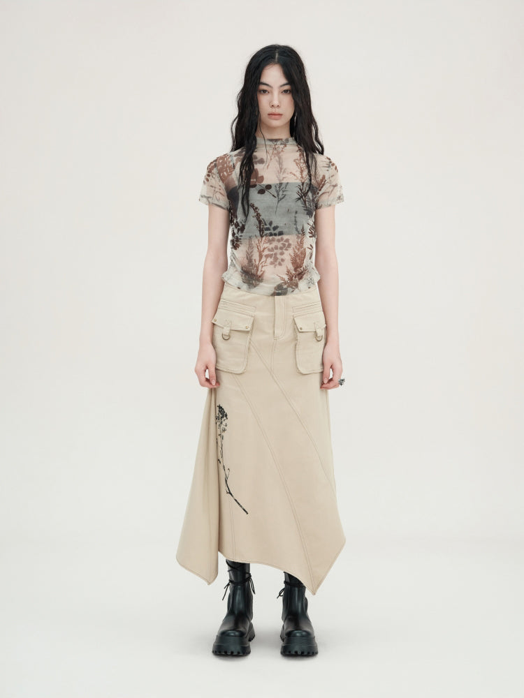 Plant Printing Micro-transparent Mesh T-shirt