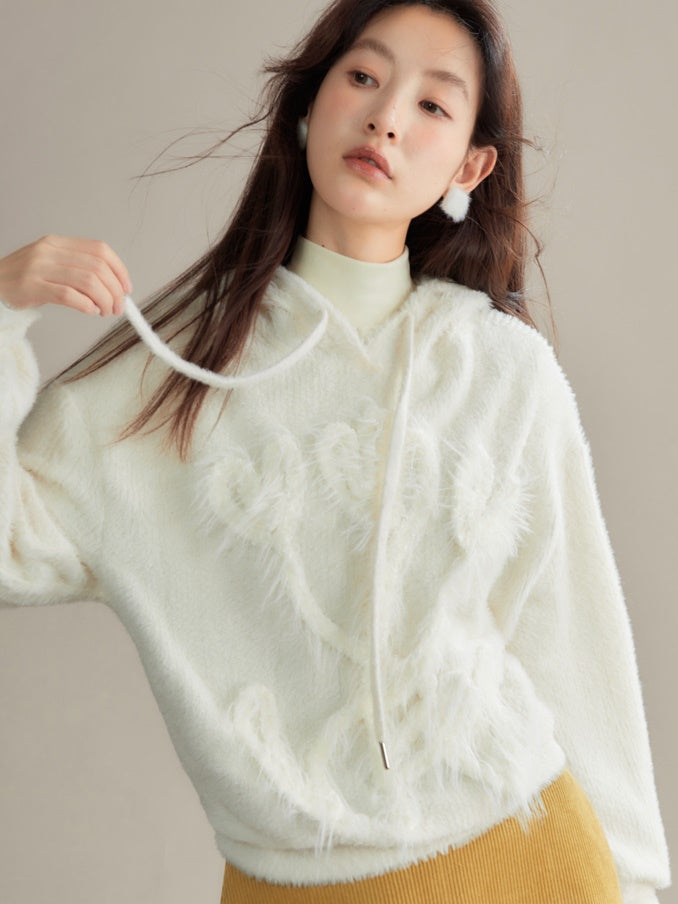 Tulip Hand Embroidery Fluffy Knitted Hooded Top